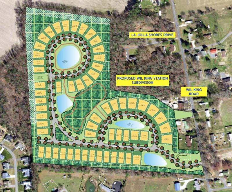 Wil King Station’s preliminary site plan includes 58 lots on 29 acres with 13 acres of open space, two entrances and buffers. GEORGE, MILES, BUHR GRAPHIC